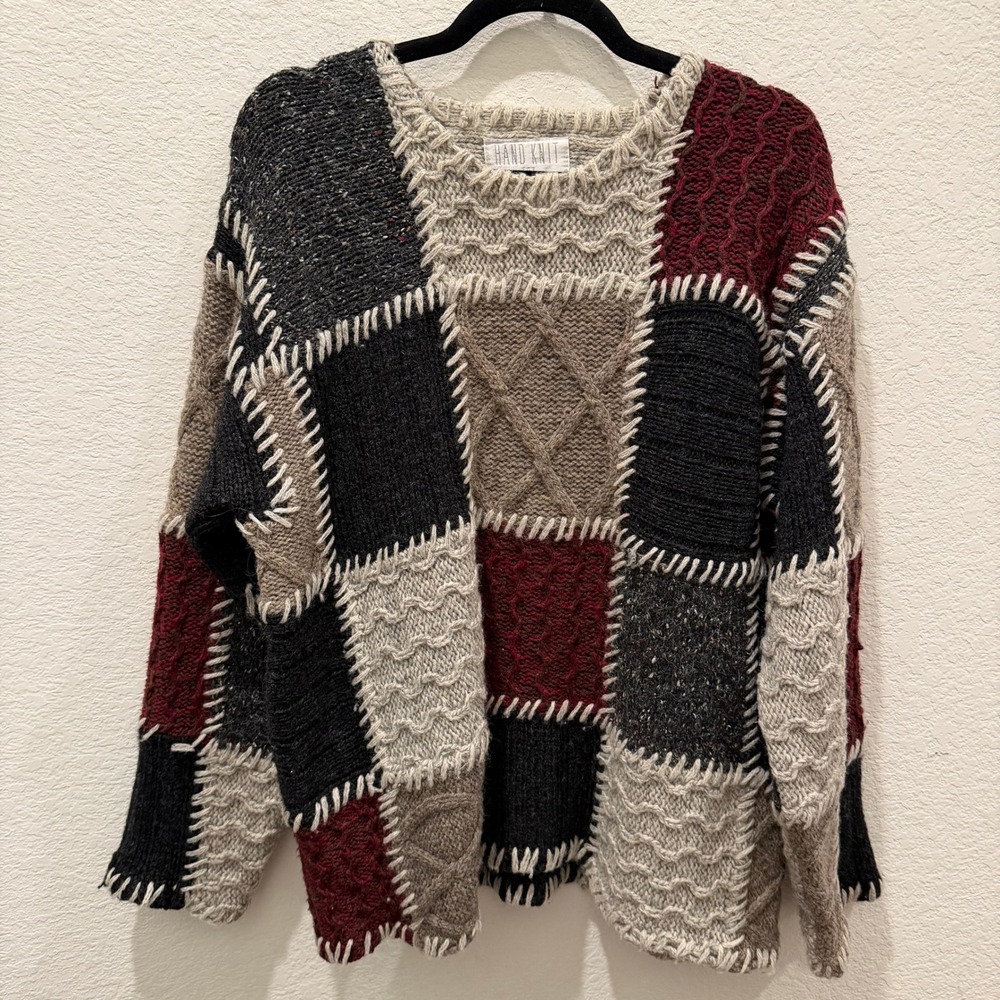 Vintage Hand Knit for The Limited Patchwork Cable Knit Sweater Burgundy Grey M